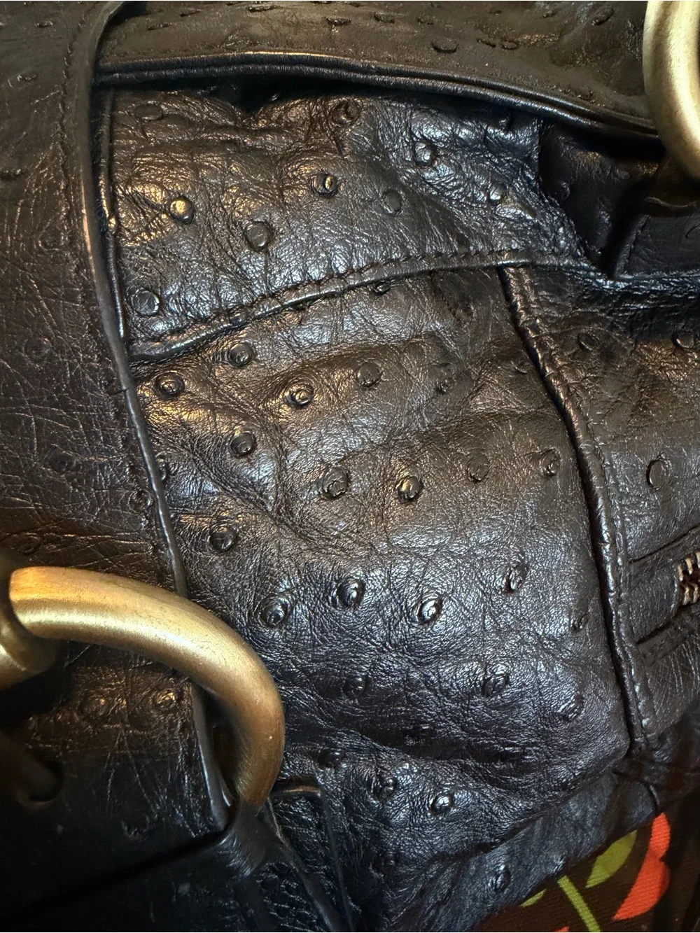 Gorgeous Vintage Black Leather Ostrich Large Bag